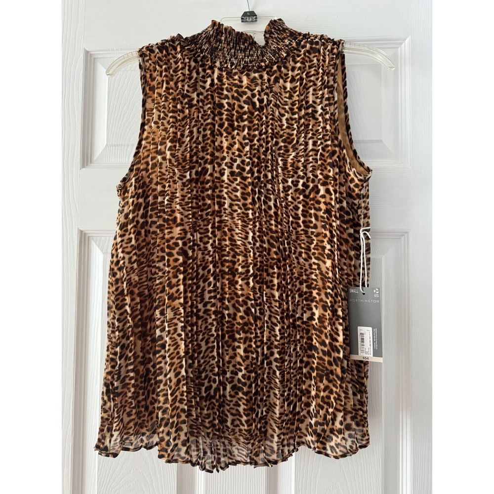 Worthington Leopard Print Pleated Sleeveless Blouse Smocked Mock Neck NWT Small